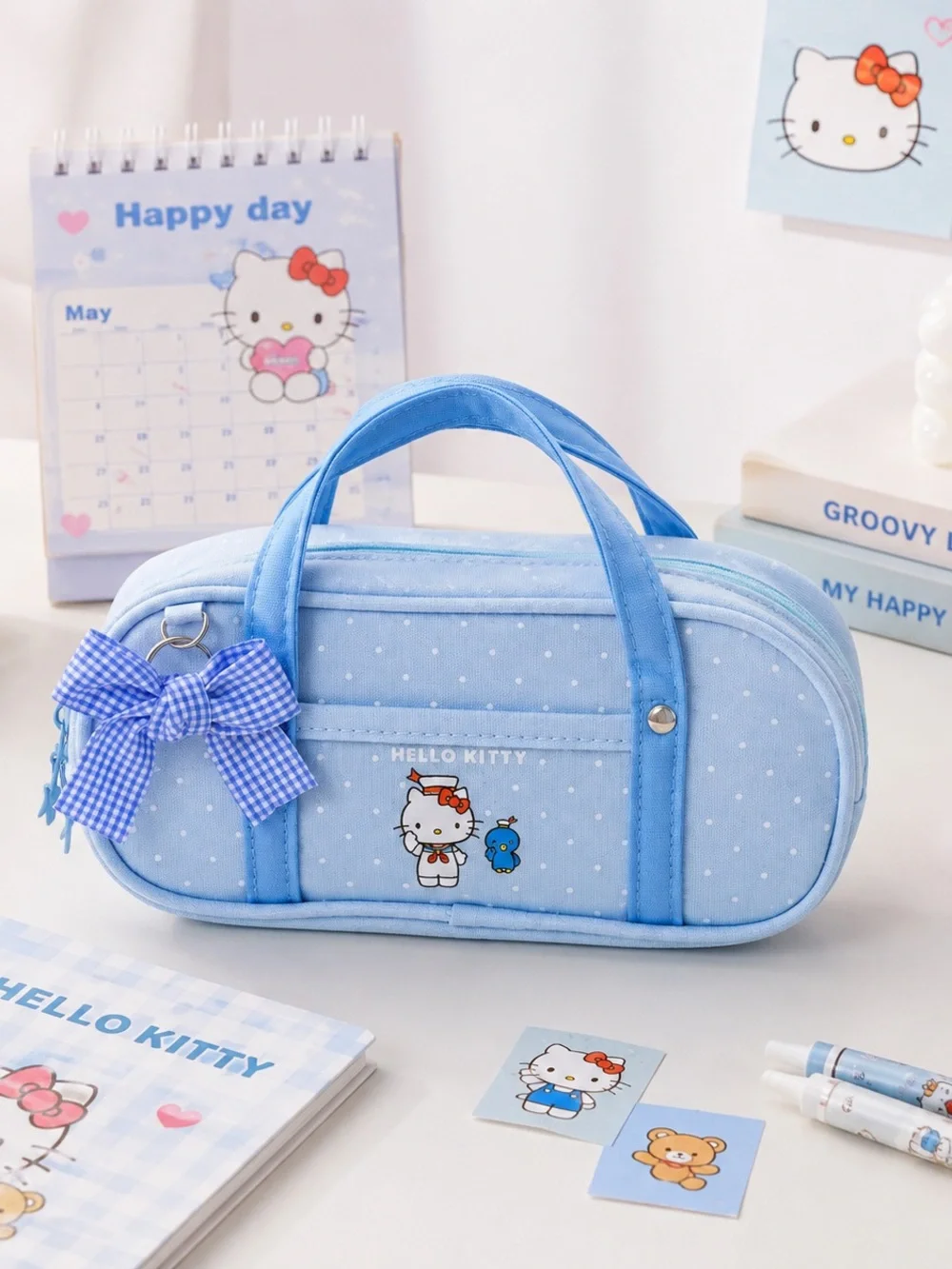 Hello Kitty Blue Pencil Carry Case with Gingham Bow